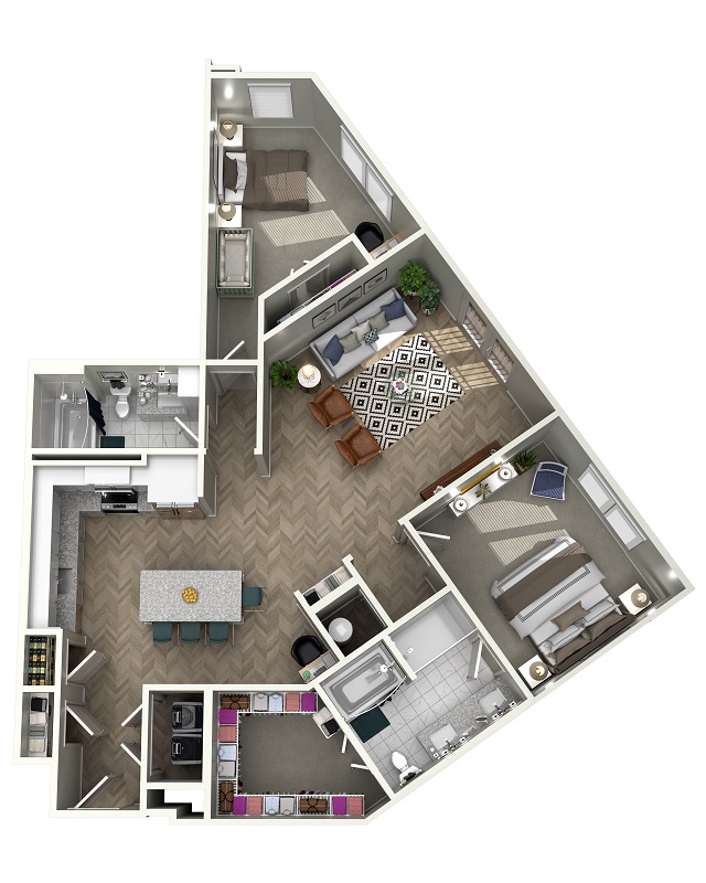 A top-down, 3d rendering of the Treme floor plan. The main door opens into the kitchen, which shares an open space with the living room. The kitchen has a sink, oven/burner, cabinets, and a refrigerator. From the living room a closet can be accessed. From the kitchen a hallway can be accessed. The hallway leads to two bedrooms and a bathroom. The first bathroom can be accessed from the hallway. This bathroom has a toilet, a sink, and a bathtub. The primary bedroom, which is accessed halfway down the hallway, has two closets and bathroom. The primary bedroom's bathroom has a toilet, sink, and bathtub. At the end of the hall, the secondary bedroom has two small closets that are accessible from inside the room. 