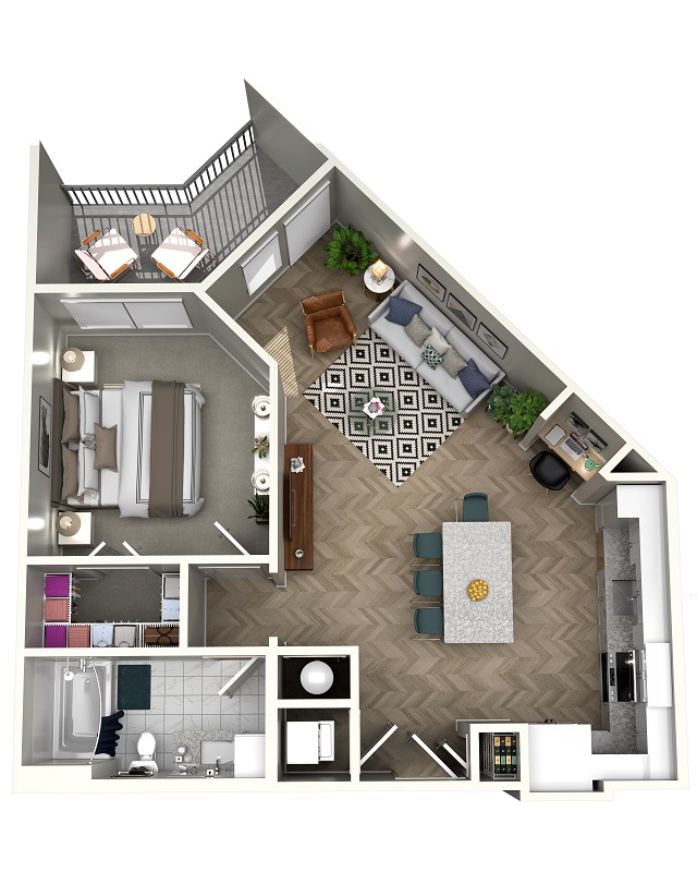 A top-down, 3d rendering of the Vieux Carre floor plan. The main door opens into the kitchen, which shares an open space with the living room. The kitchen has a sink, oven/burner, cabinets, and a refrigerator. From the living room two closetes can be accessed. From the living room a small patio and the bedroom can be accessed. The bedroom has a closet. From the hallway, a bathroom can be accessed. This bathroom has a toilet, a sink, and a bathtub.