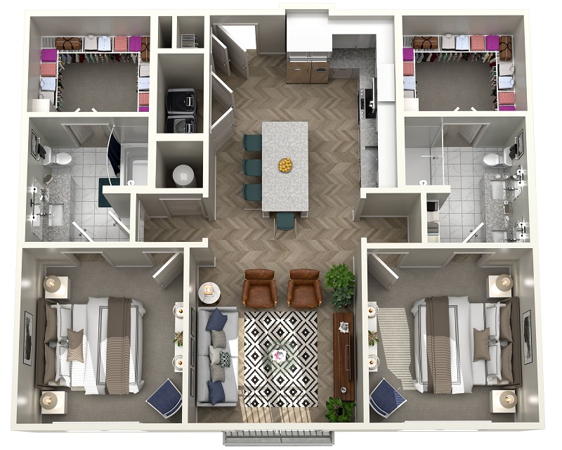 A top-down, 3d rendering of the Warehouse floor plan. The main door opens into the kitchen, which shares an open space with the living room. The kitchen has a sink, oven/burner, cabinets, and a refrigerator. From the living room a closet can be accessed. From the kitchen a hallway can be accessed. The hallway leads to two bedrooms and a bathroom. The first bathroom can be accessed from the hallway. This bathroom has a toilet, a sink, and a bathtub. The primary bedroom, which is accessed halfway down the hallway, has two closets and bathroom. The primary bedroom's bathroom has a toilet, sink, and bathtub. At the end of the hall, the secondary bedroom has two small closets that are accessible from inside the room. 