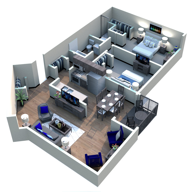 A top-down, 3d rendering of the Broadmoor floor plan. The main door opens into the kitchen, which shares an open space with the living room. The kitchen has a sink, oven/burner, cabinets, and a refrigerator. From the living room a closet can be accessed. From the living room a small patio and hallway can be accessed.  The hallway leads to two bedrooms and a bathroom. From the hallway, a bathroom can be accessed. This bathroom has a toilet, a sink, and a bathtub. The first bedroom has a small closet that is accessible from inside the room. At the end of the hall way is the primary bedroom which has its own walk in closet and bathroom. The primary bedroom's bathroom has a toilet, sink, and standing shower.