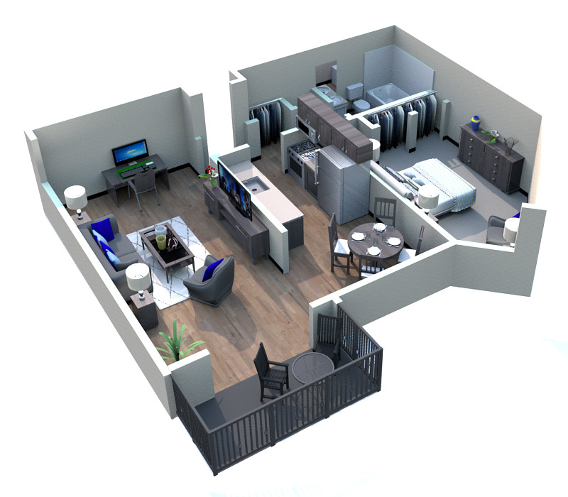 A top-down, 3d rendering of the Garden District floor plan. The main door opens into the kitchen, which shares an open space with the living room. The kitchen has a sink, oven/burner, cabinets, and a refrigerator. From the kitchen a closet can be accessed. From the living room a small patio and the bedroom can be accessed and has a closet. From the hallway, a bathroom can be accessed. This bathroom has a toilet, a sink, and a bathtub.