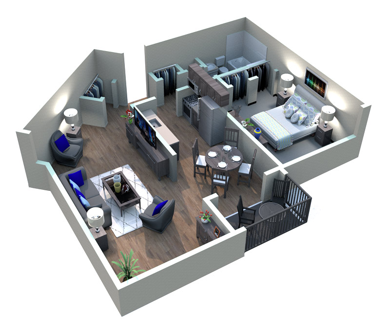 A top-down, 3d rendering of the Vieux Carre floor plan. The main door opens into the kitchen, which shares an open space with the living room. The kitchen has a sink, oven/burner, cabinets, and a refrigerator. From the living room two closetes can be accessed. From the living room a small patio and the bedroom can be accessed. The bedroom has a closet. From the hallway, a bathroom can be accessed. This bathroom has a toilet, a sink, and a bathtub.