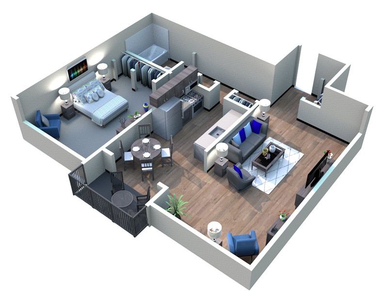 A top-down, 3d rendering of the Midcity floor plan. The main door opens into the kitchen, which shares an open space with the living room. The kitchen has a sink, oven/burner, cabinets, and a refrigerator. From the kitchen a closet can be accessed. From the living room a small patio and the bedroom can be accessed and has a closet. From the hallway, a bathroom can be accessed. This bathroom has a toilet, a sink, and a bathtub.