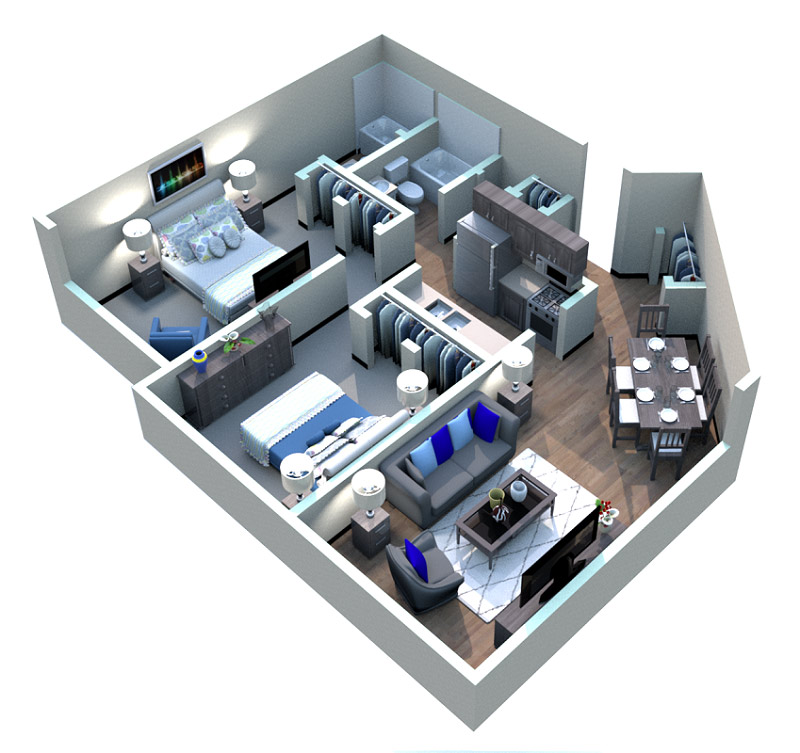 A top-down, 3d rendering of the Warehouse floor plan. The main door opens into the kitchen, which shares an open space with the living room. The kitchen has a sink, oven/burner, cabinets, and a refrigerator. From the living room a closet can be accessed. From the kitchen a hallway can be accessed. The hallway leads to two bedrooms and a bathroom. The first bathroom can be accessed from the hallway. This bathroom has a toilet, a sink, and a bathtub. The primary bedroom, which is accessed halfway down the hallway, has two closets and bathroom. The primary bedroom's bathroom has a toilet, sink, and bathtub. At the end of the hall, the secondary bedroom has two small closets that are accessible from inside the room. 