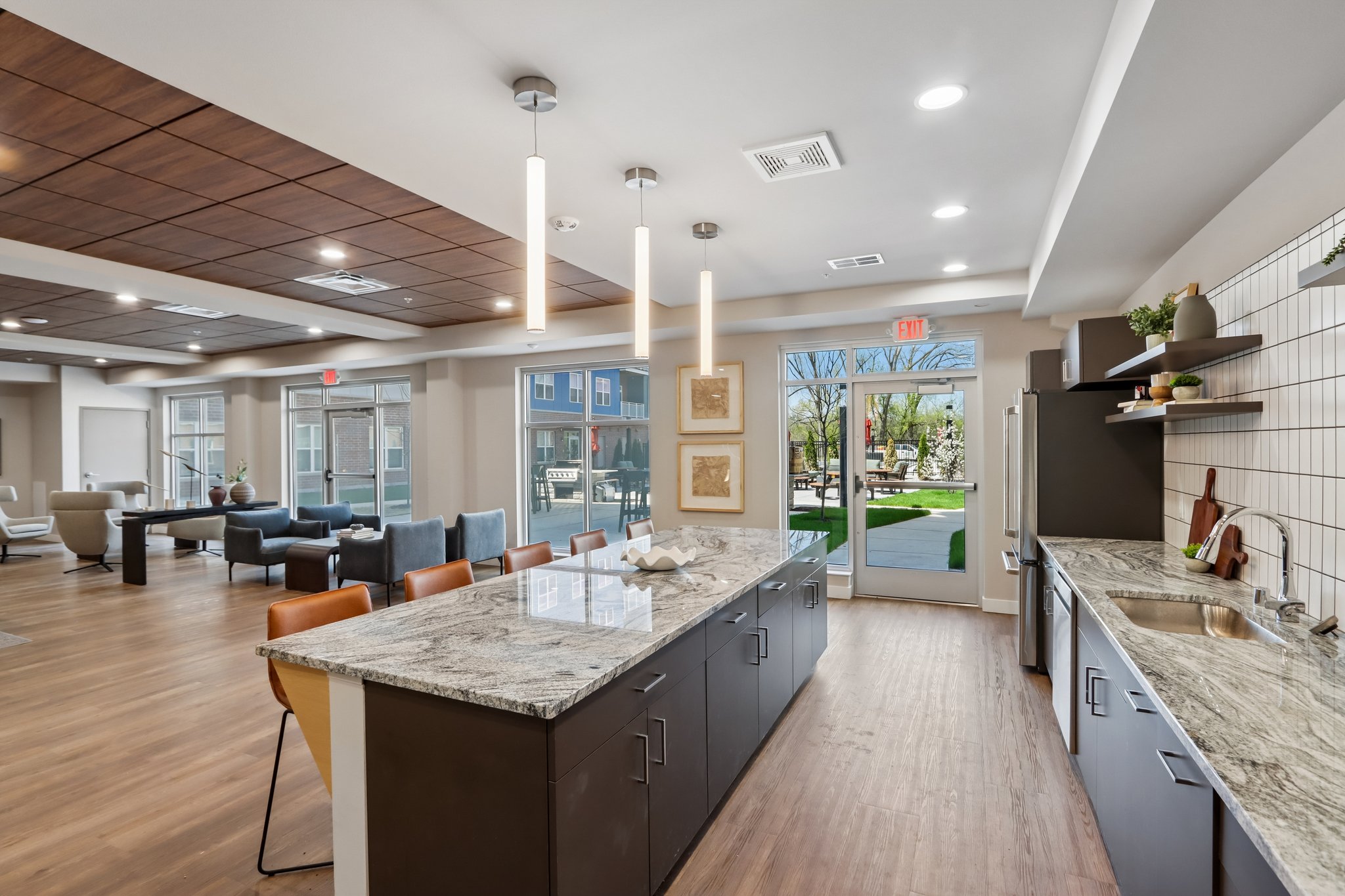 The View at Huxley Yards Apartments in Madison, WI Clubhouse Kitchen with Island