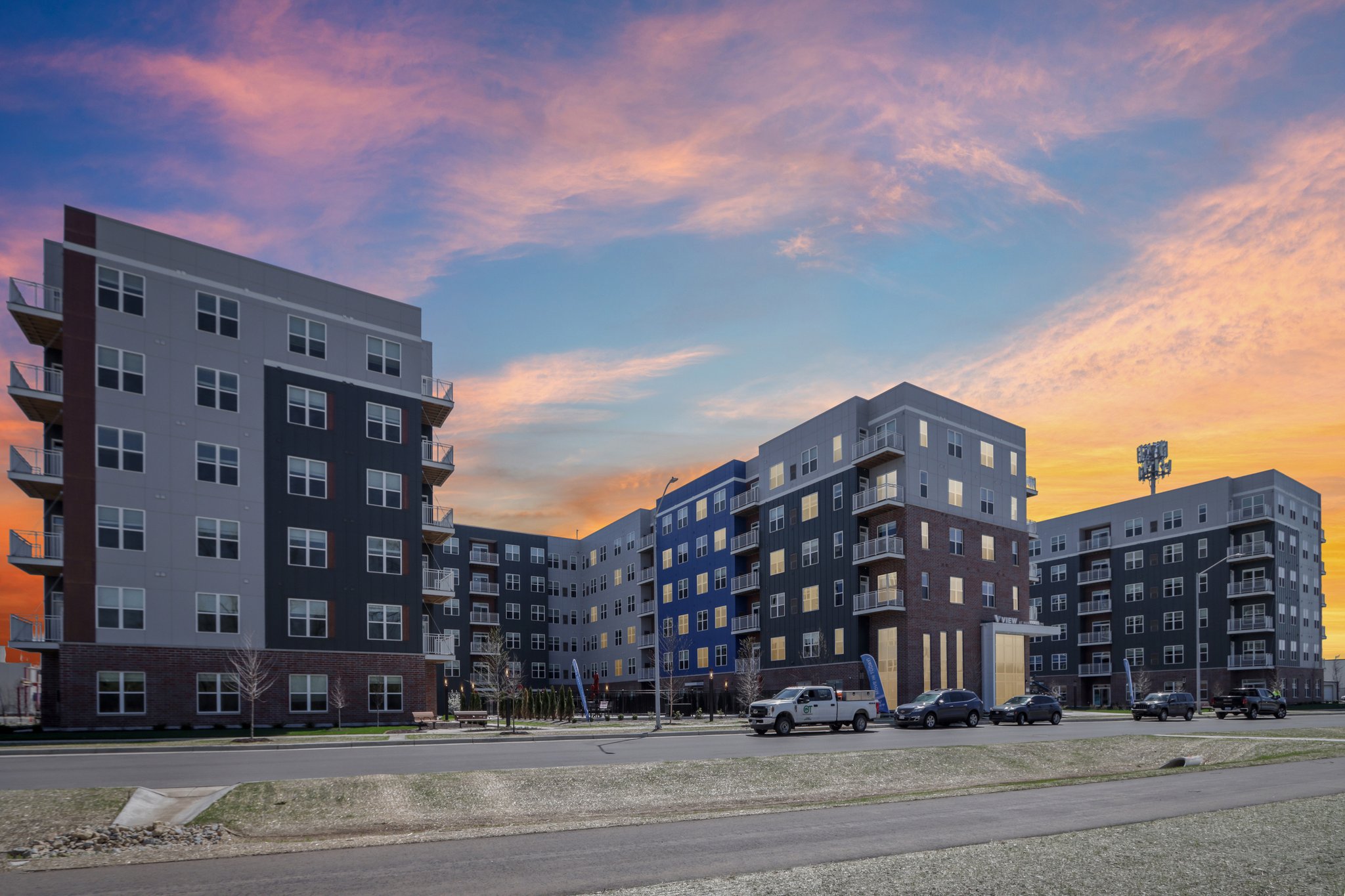 The View at Huxley Yards Apartments in Madison, WI Exterior at Dusk
