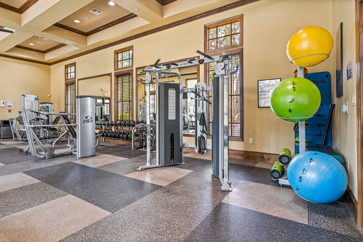 Spacious fitness center with cable machines, dumbbell rack, mirrors, stability balls, and tall windows for natural light