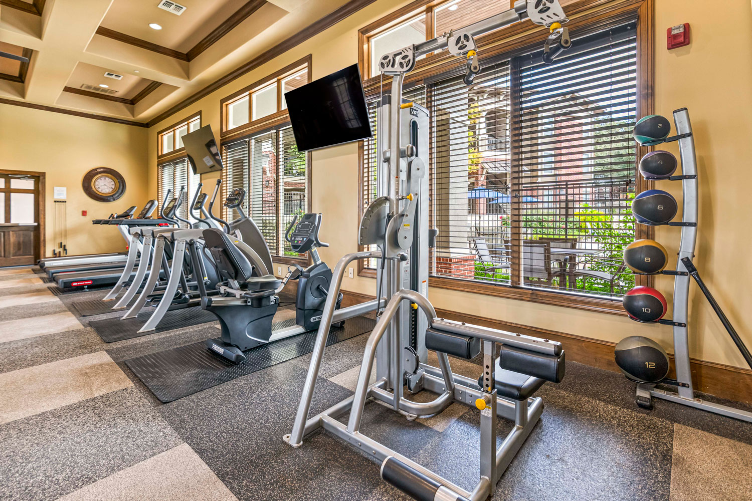 Modern fitness center with treadmills, ellipticals, strength machine, medicine ball rack, large windows, and wall mounted TVs