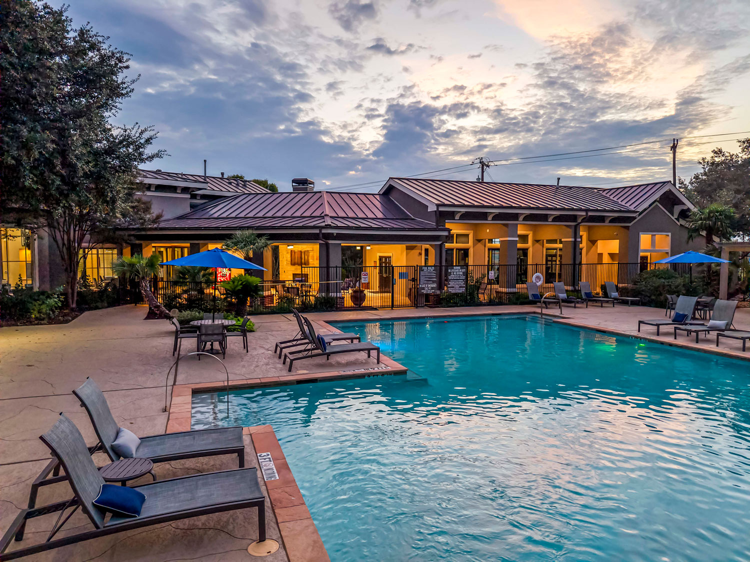 Resort style swimming pool with tanning ledge, lounge chairs, palm trees, and apartment buildings surrounding landscaped courtyard