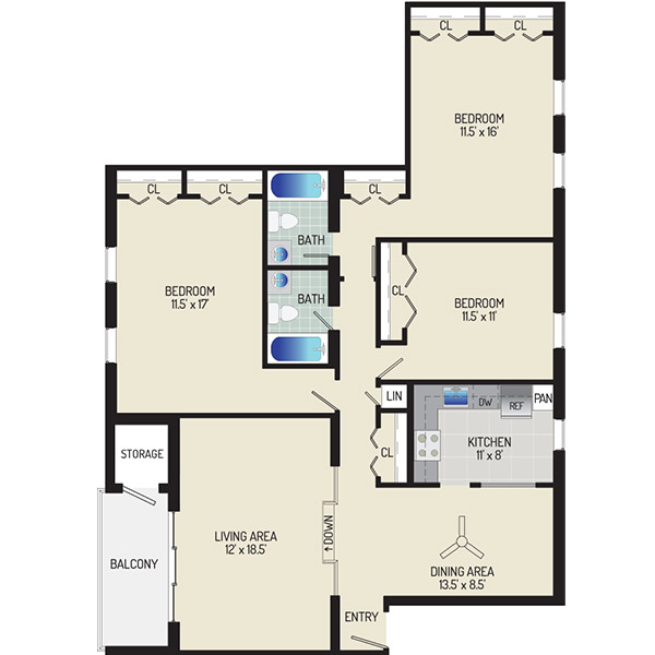 Village Square Apartments - Floorplan - 3 Bedrooms + 2 Baths