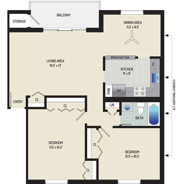 Village Square West Apartments - Floorplan - 2 Bedrooms + 1 Bath