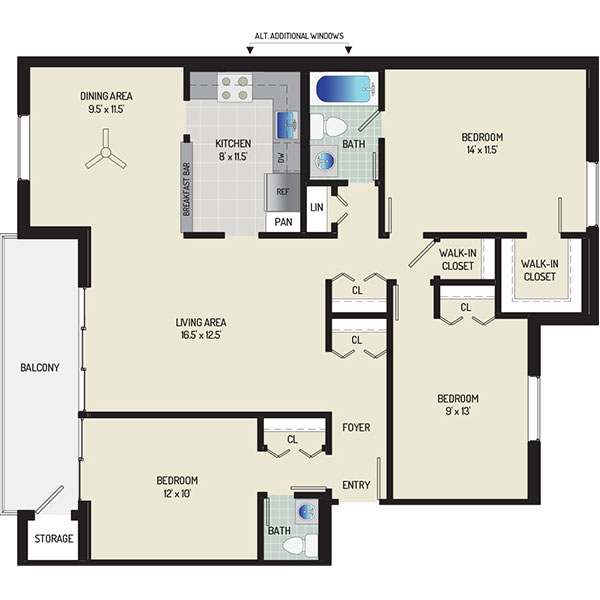 Village Square West Apartments - Floorplan - 3 Bedrooms + 1.5 Baths