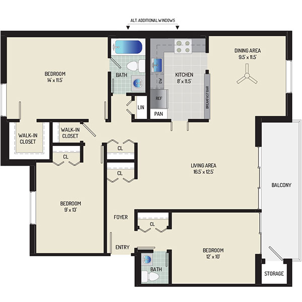 Village Square West Apartments - Floorplan - 3 Bedrooms + 1.5 Baths