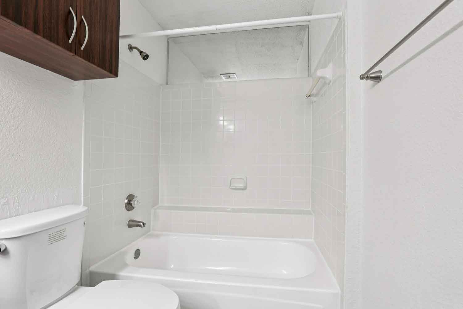 Bathroom with white tiled tub and shower combo, granite vanity top, wood cabinet storage, and mounted mirror with vanity lighting