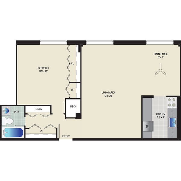 Wayne Manchester Towers Apartments - Floorplan - 1 Bedroom, 1 Bath