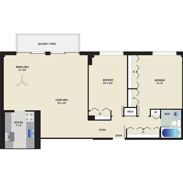 Wayne Manchester Towers Apartments - Floorplan - 2 Bedrooms, 1 Bath