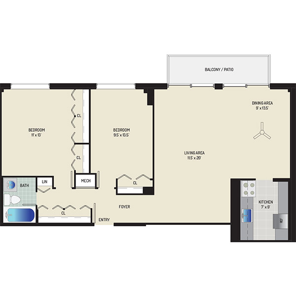 Wayne Manchester Towers Apartments - Floorplan - 2 Bedrooms, 1 Bath