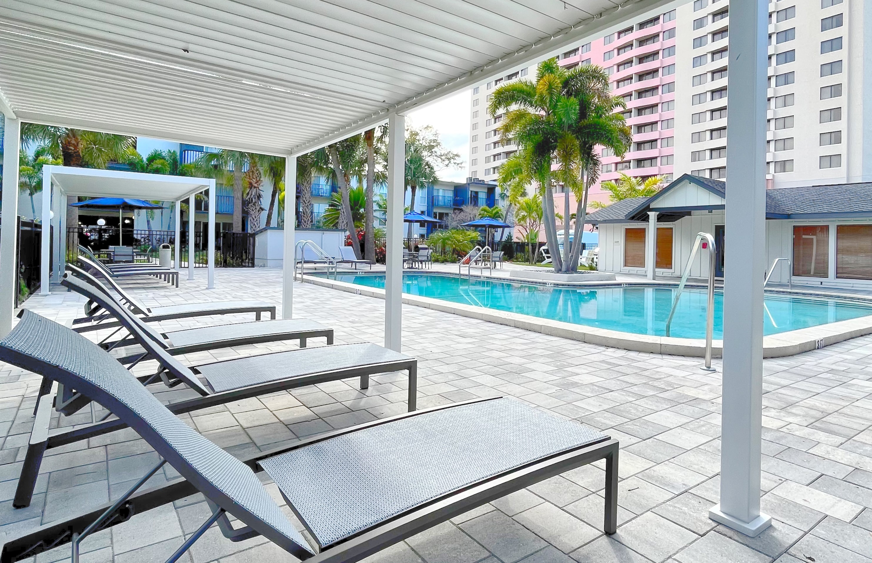 Covered Sun Loungers in the Community Pool Area