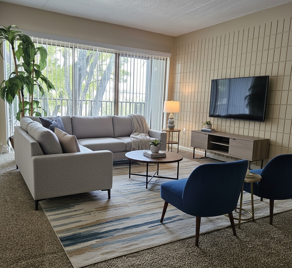 Furnished Large Living Room Area in standard 1x1 Apartment