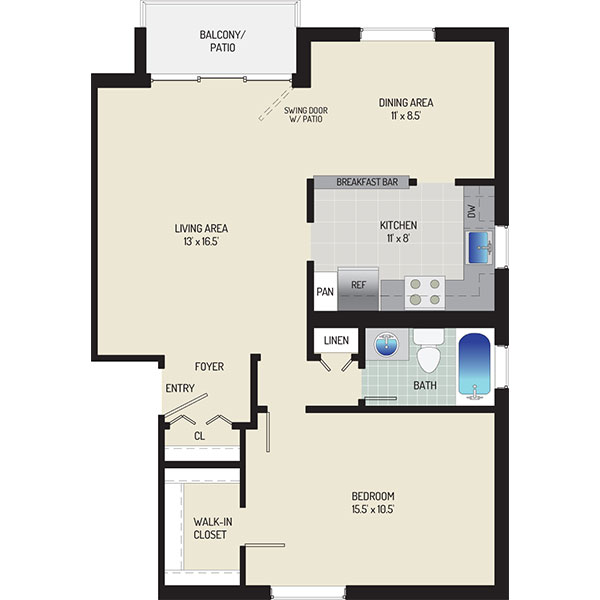 Whitehall Square Apartments - Floorplan - 1 Bedroom + 1 Bath