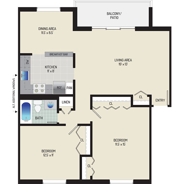 Whitehall Square Apartments - Floorplan - 2 Bedrooms + 1 Bath