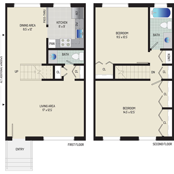 Whitehall Square Apartments - Floorplan - 2 BR + 1.5 BA Townhome