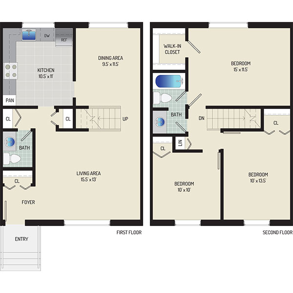 Whitehall Square Apartments - Floorplan - 3 BR+ 1.5 BA Townhome