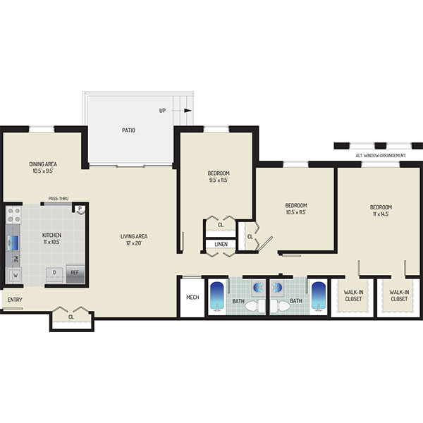 Whitehall Square Apartments - Floorplan - 3 Bedrooms + 2 Baths