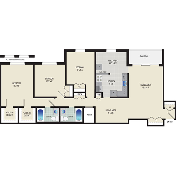Whitehall Square Apartments - Floorplan - 3 Bedrooms + 2 Baths