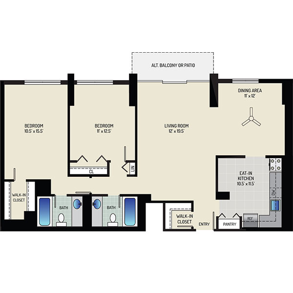 White Oak Towers Apartments - Floorplan - 2 Bedrooms + 2 Baths