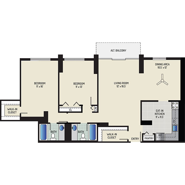 White Oak Towers Apartments - Floorplan - 2 Bedrooms + 2 Baths