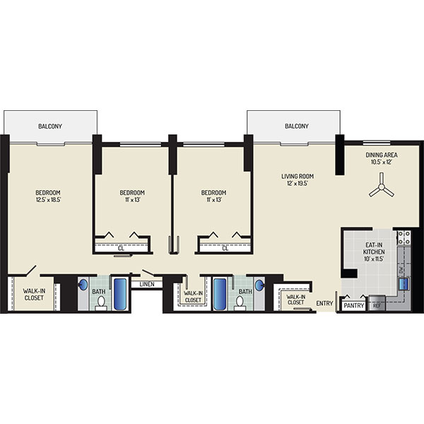 White Oak Towers Apartments - Floorplan - 3 Bedrooms + 2 Baths
