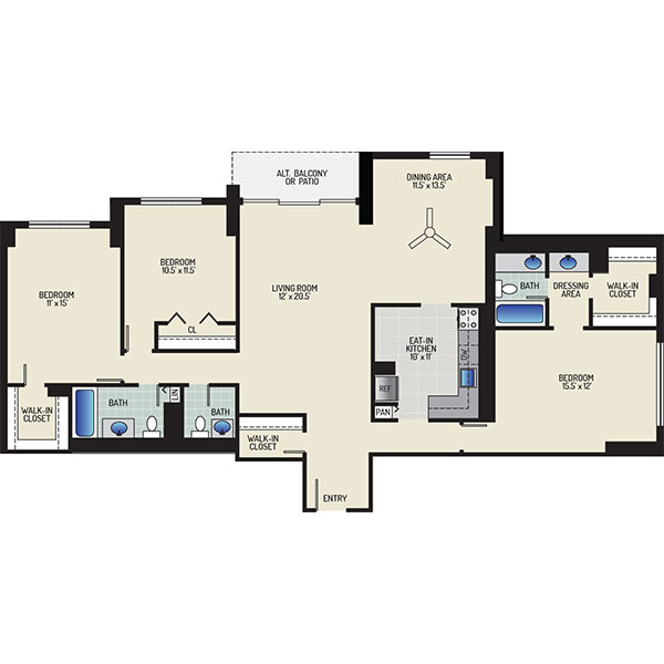 White Oak Towers Apartments - Floorplan - 3 Bedrooms + 2.5 Baths