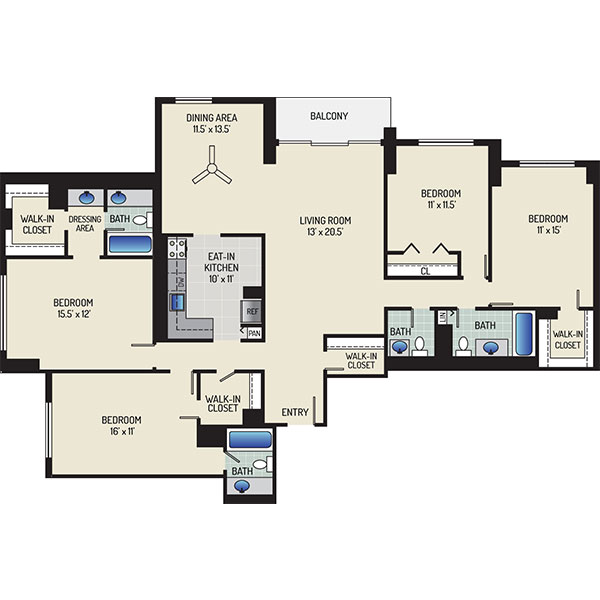 White Oak Towers Apartments - Floorplan - 4 Bedrooms + 3.5 Baths