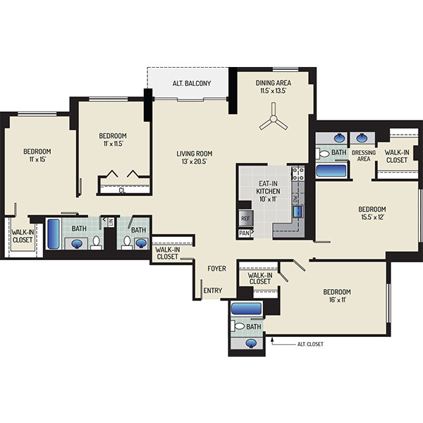 White Oak Towers Apartments - Floorplan - 4 Bedrooms + 3.5 Baths