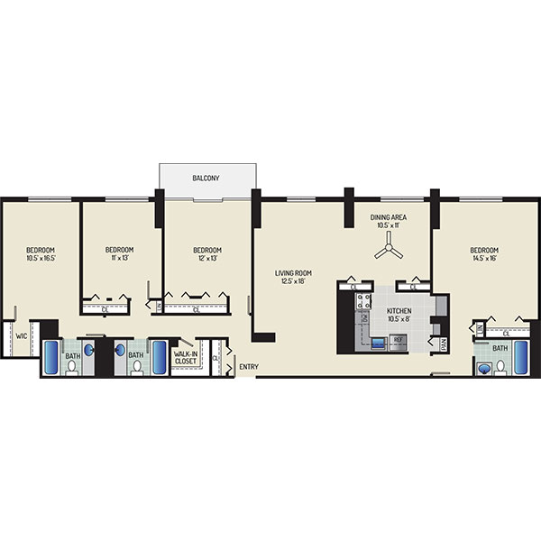 White Oak Towers Apartments - Floorplan - 4 Bedrooms + 3 Baths