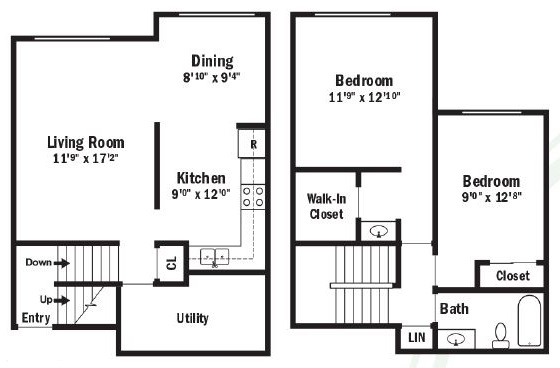 Willow Pond Apartments  - Floorplan - 2 Bedroom Townhouse Split Level