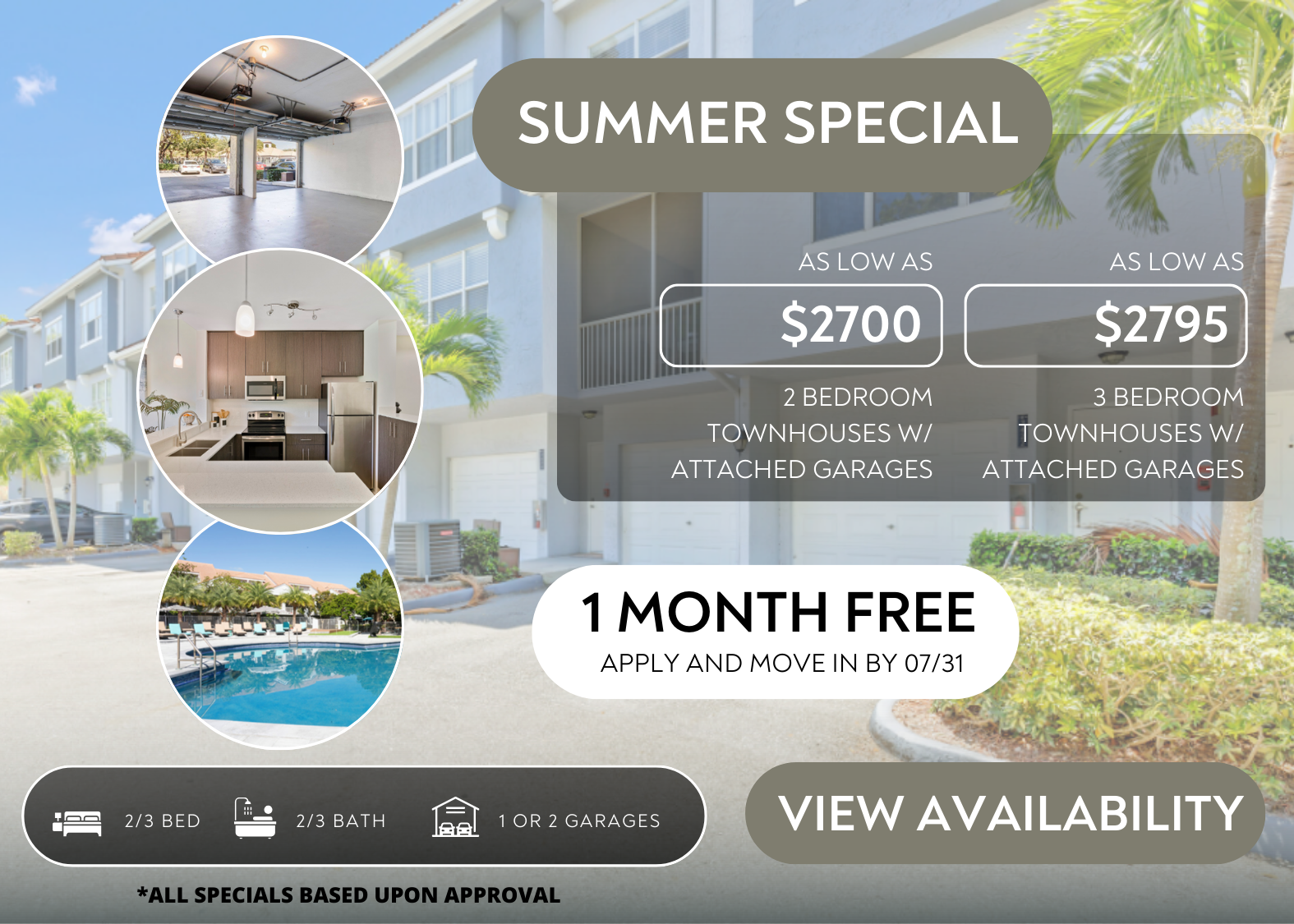 Summer Special! As low as $2,700 for 2-Bedroom Townhouses with Attached Garages and $2,795 for 3-Bedroom Townhouses with Attached Garages. 1 Month Free - Apply and Move in By 7/31