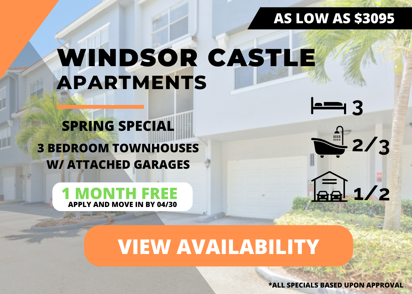 Spring Special – Three Bedroom Townhomes with Attached Garages as low as $3095! One Month Free – Apply and Move in by April 30