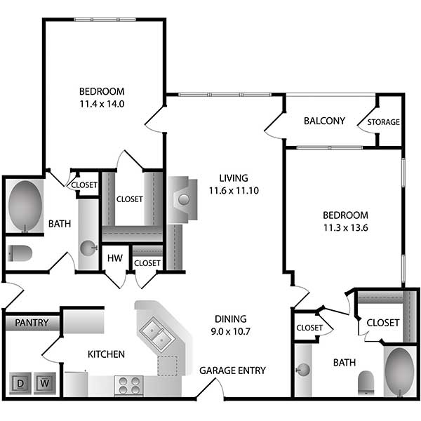 Windward Place Apartments - Floorplan - B2 | Avail. w/ Garage*