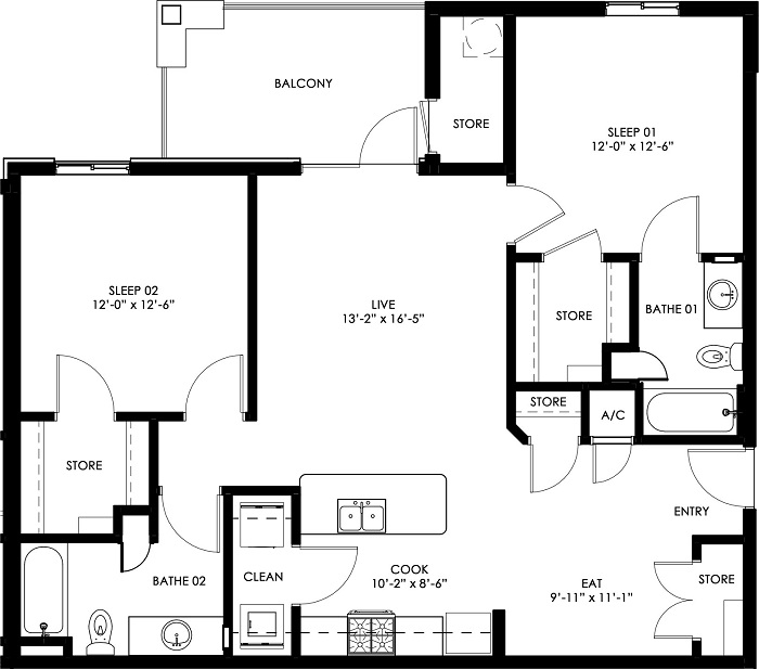 Floorplan - Cypress, 2 Beds, 2 Baths, 1129 square feet