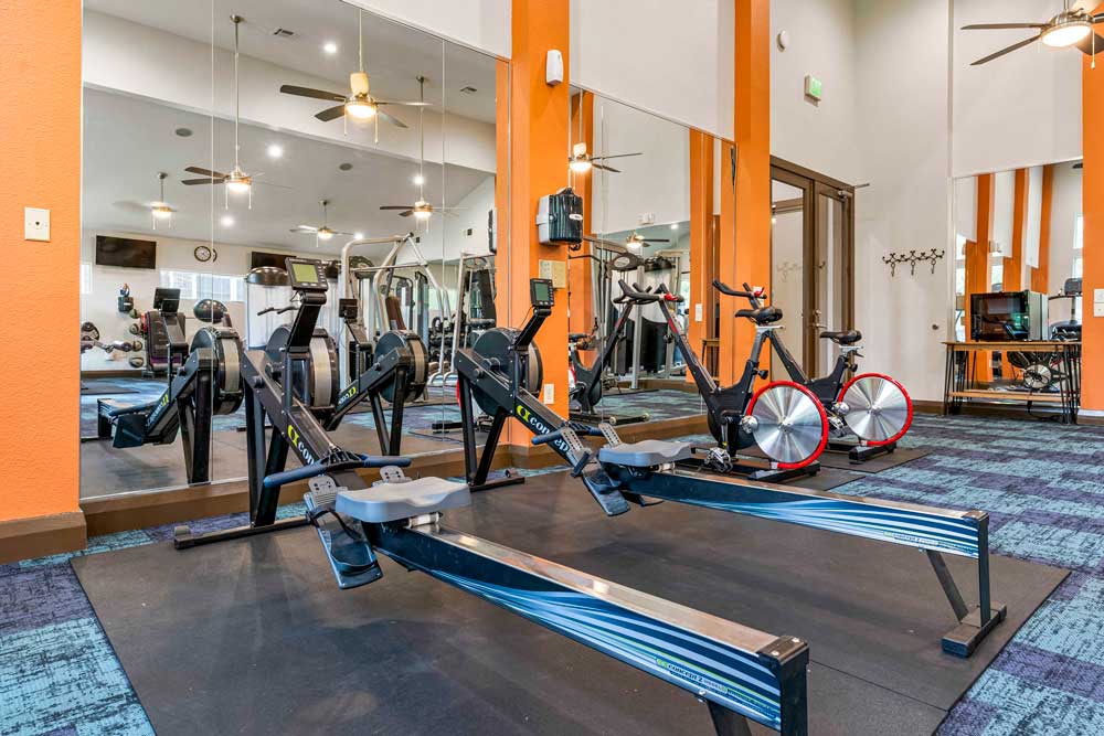 Modern fitness room with Concept2 rowers, stationary bikes, mirrors, and ceiling fans on a patterned carpet floor