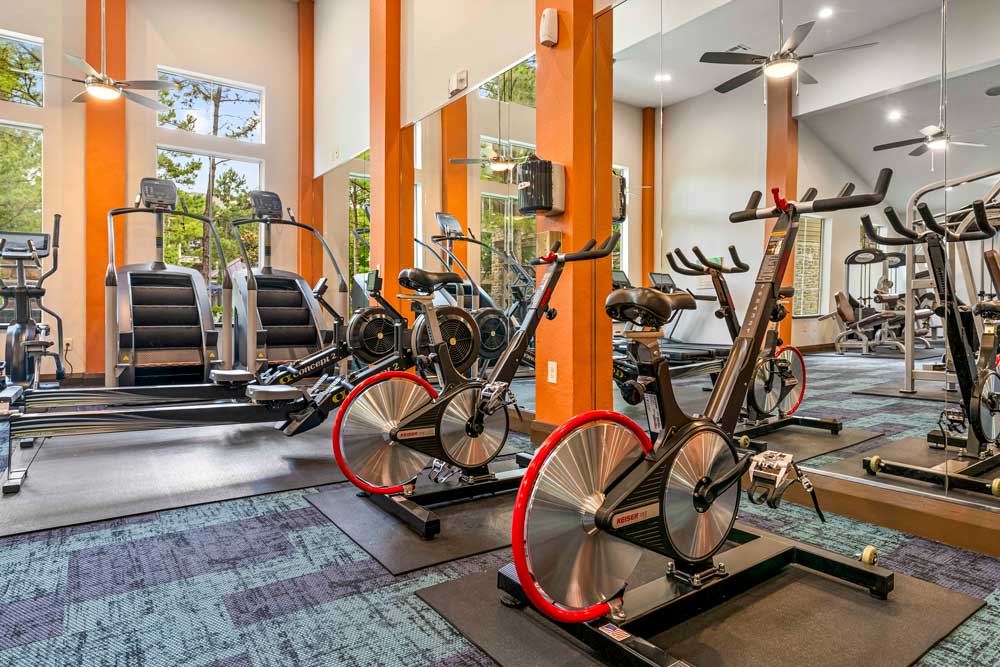 Indoor cycling bikes and rowing machines placed in front of mirrors and tall windows at apartment fitness center