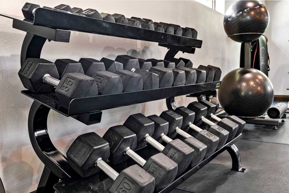 Free weight rack with hex dumbbells and exercise balls in well-equipped apartment community fitness studio