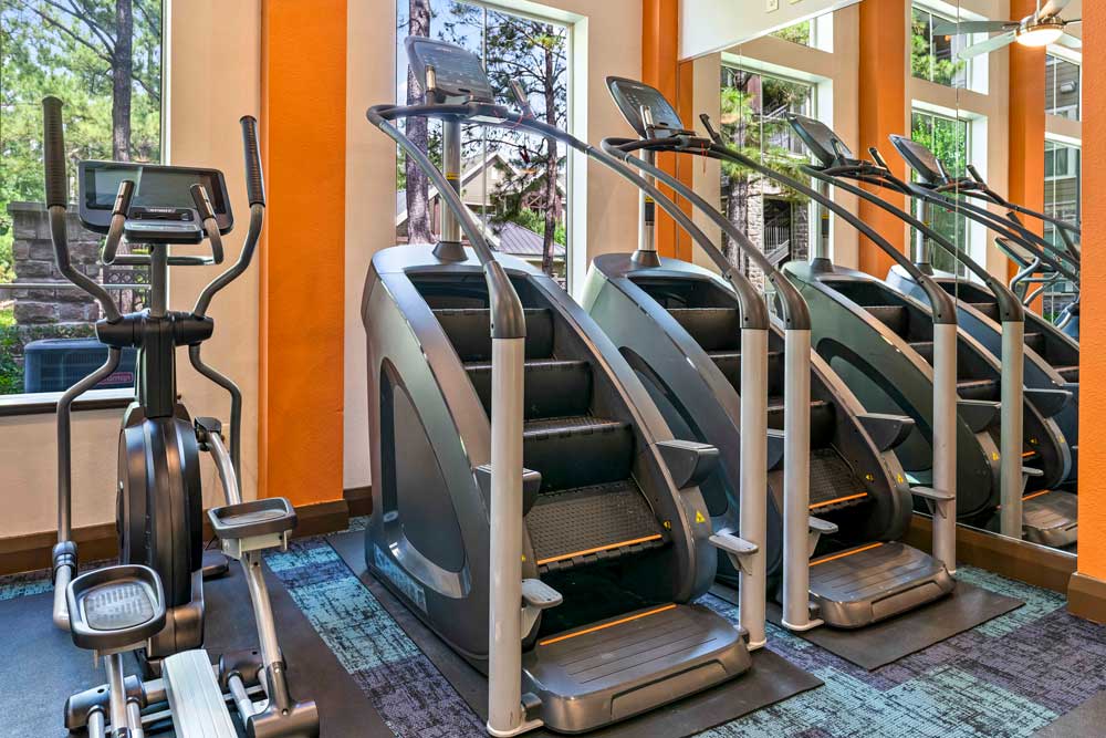 Modern fitness center featuring multiple stair climbers and elliptical machine with large windows and natural light