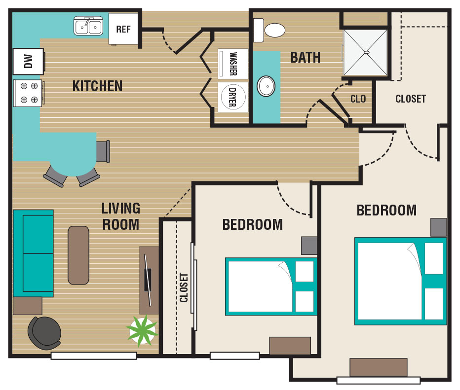 Floor plan layout for 2 Bed / 1 Bath - 60%